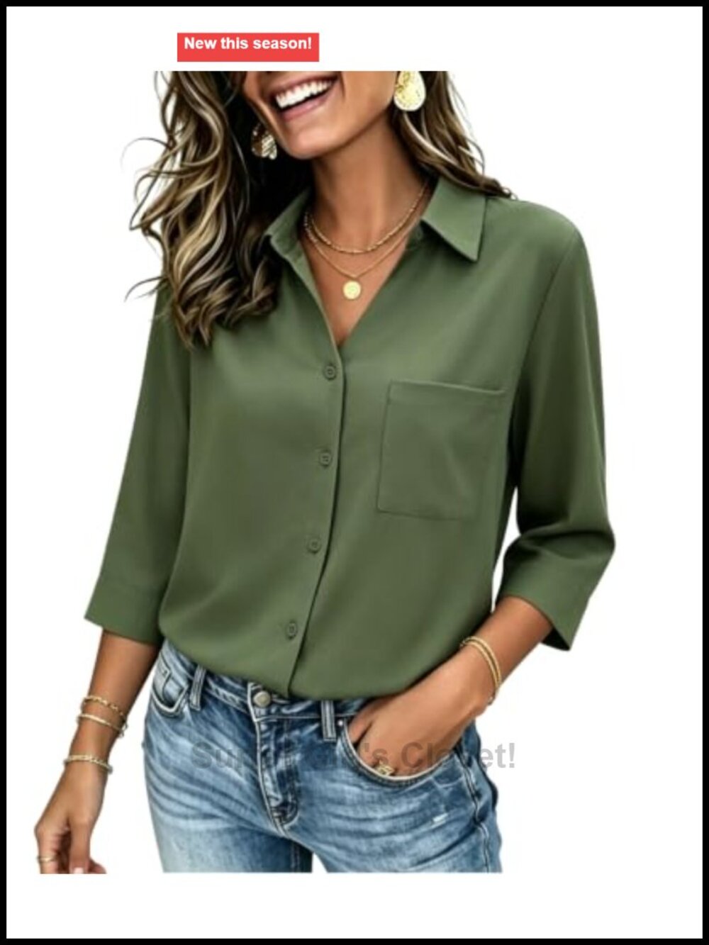 Women's 3/4 Sleeve V Neck Button Down Blouse with Pocket